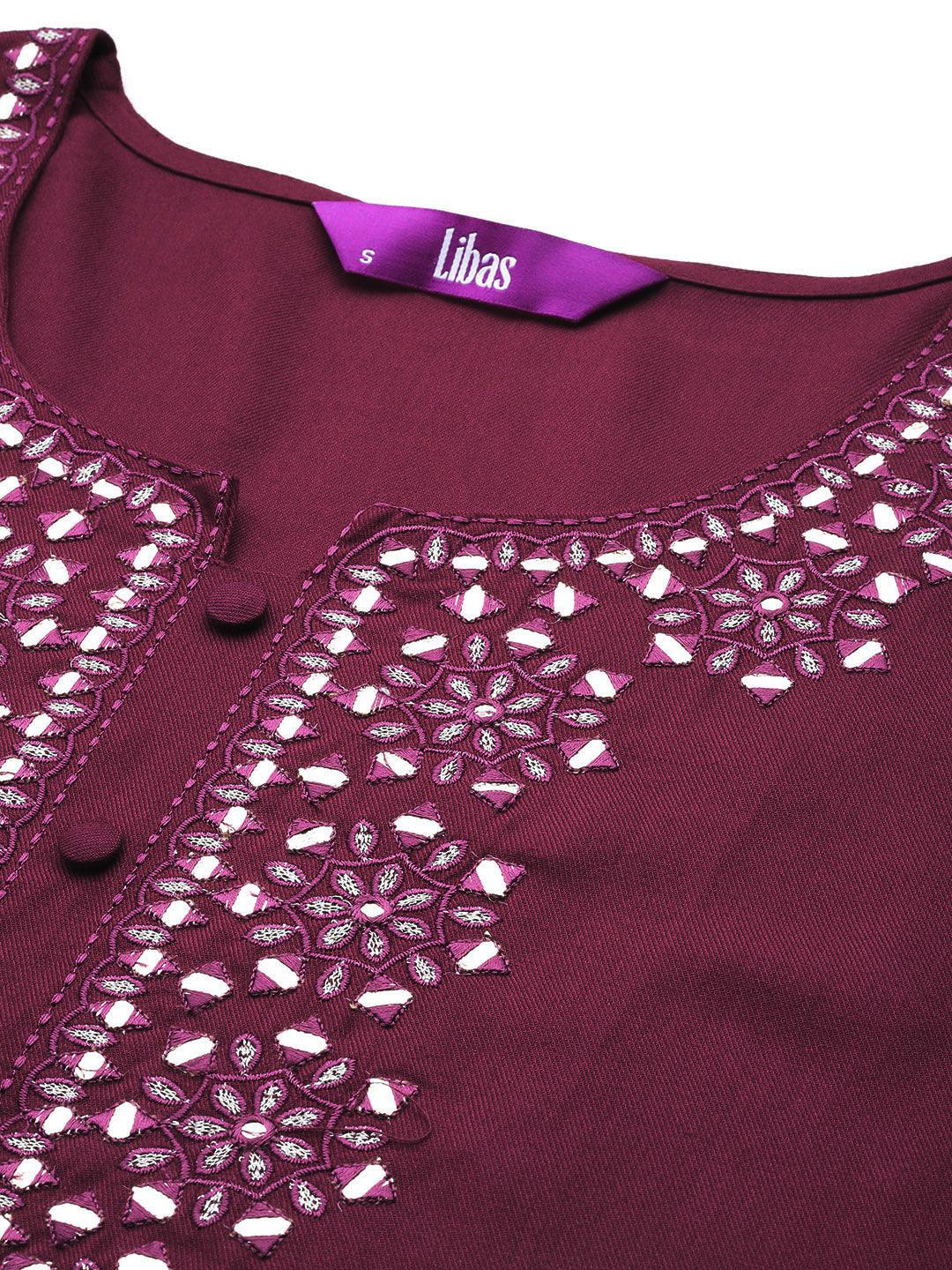 Wine Embroidered Wool Blend Tunic With Trousers - Libas