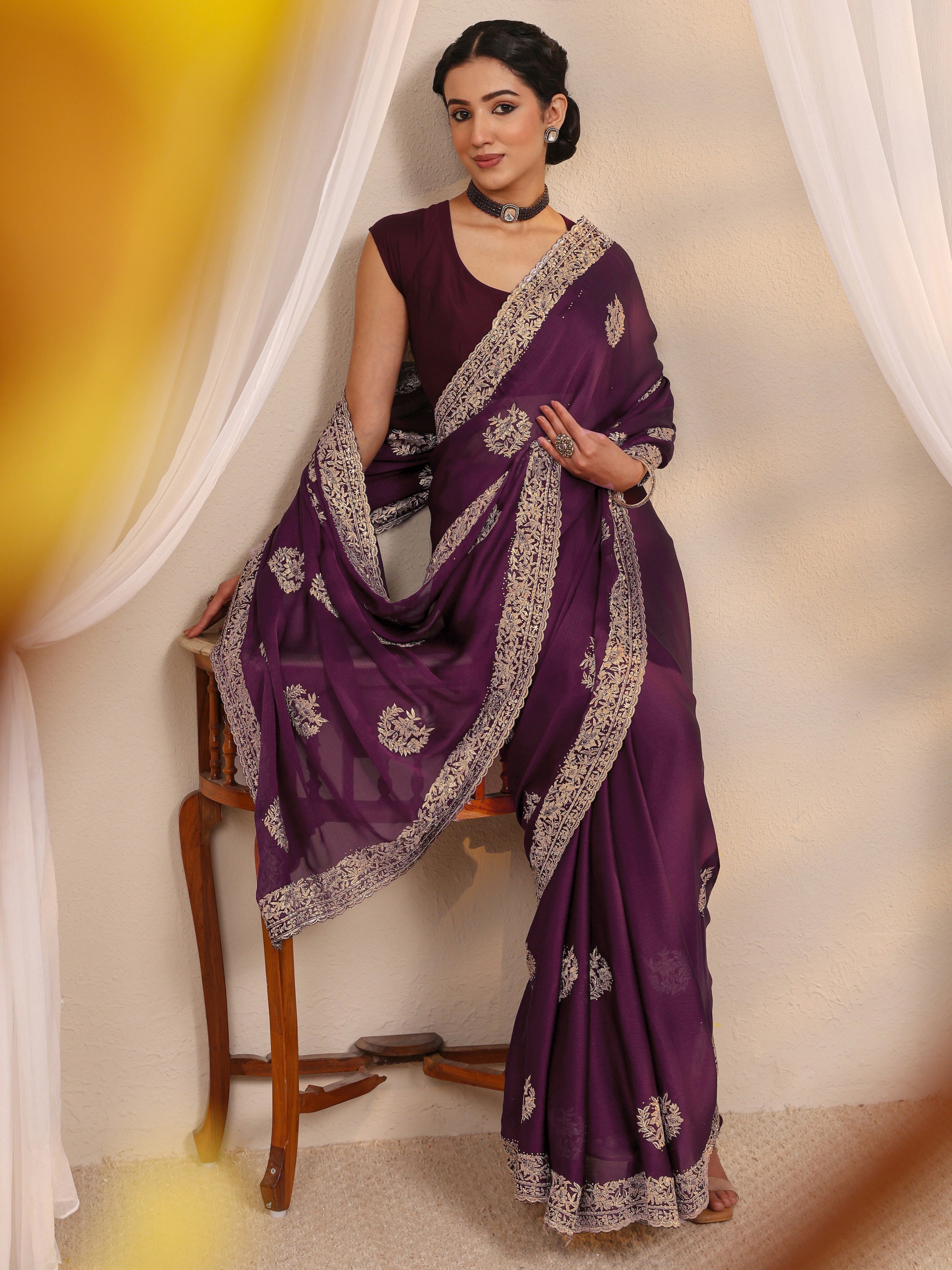 Wine Floral Embellished Satin Saree With Unstitched Blouse Piece-image-6
