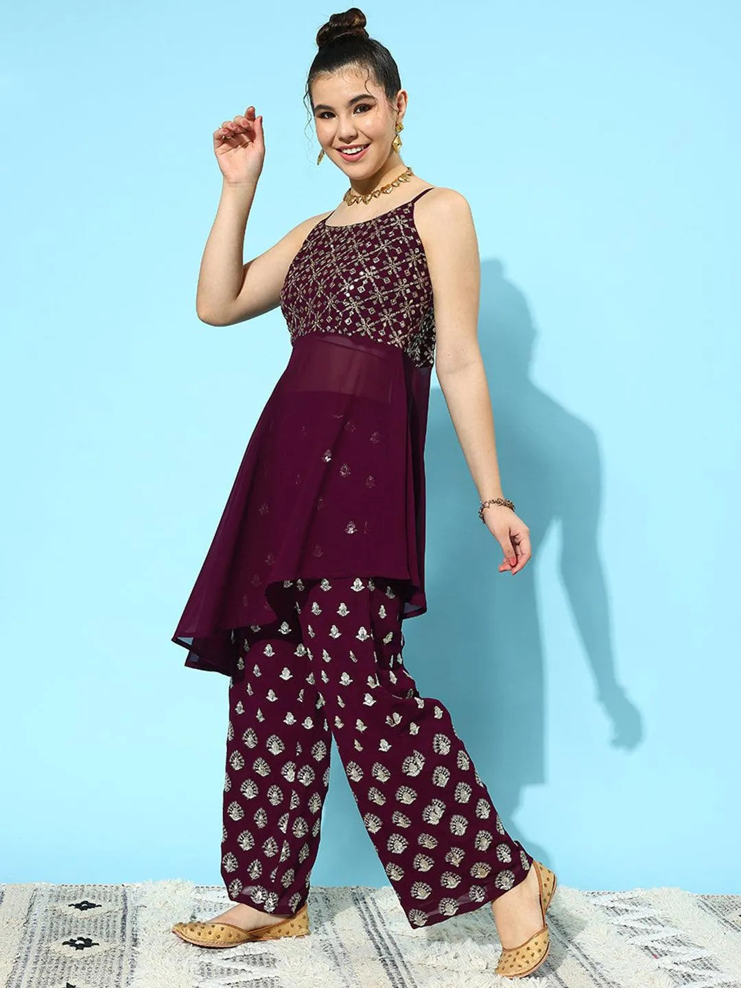 Wine Georgette Embellished Co-Ords - Libas 