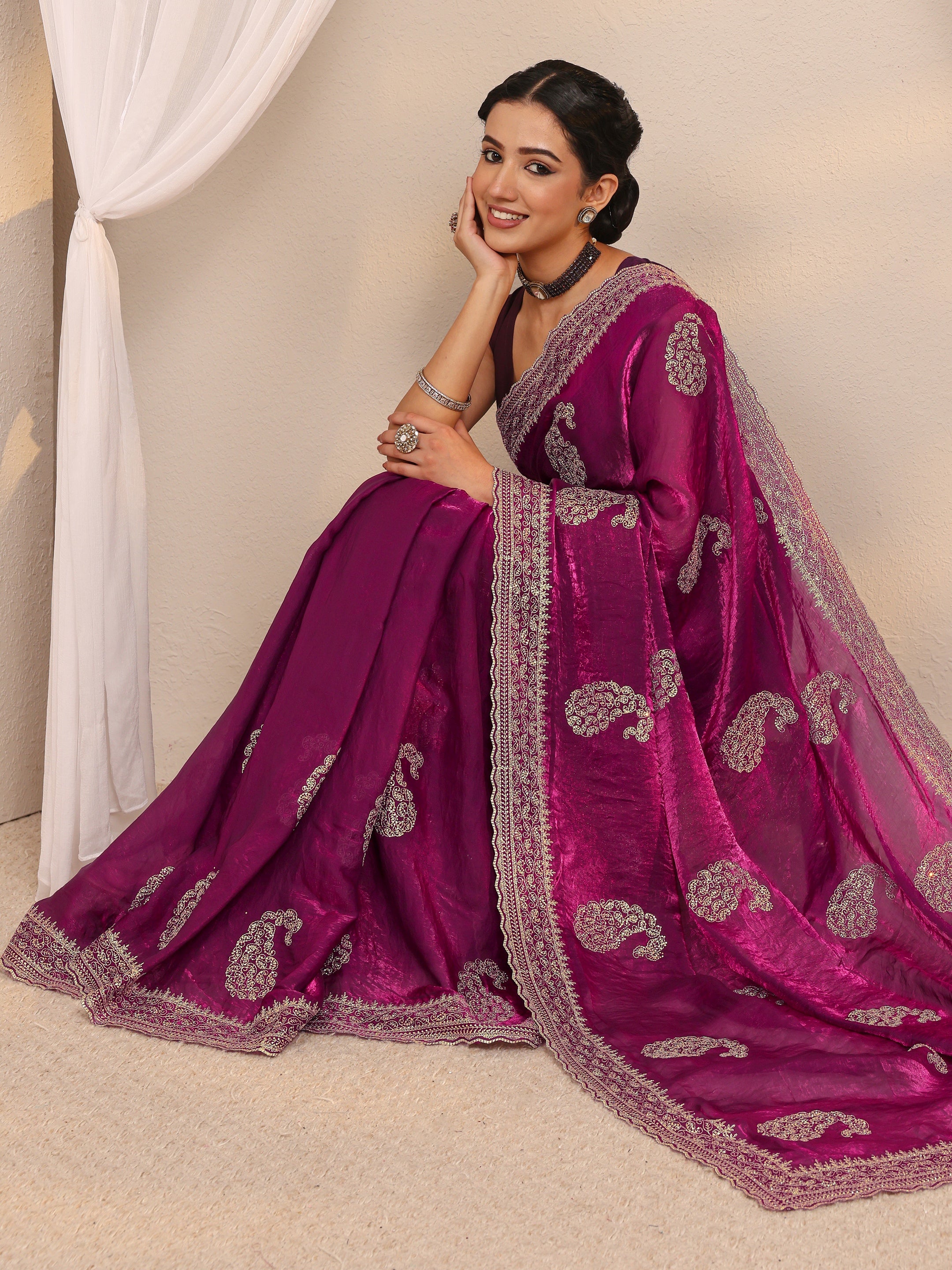 Wine Paisley Embellished Tissue Saree With Unstitched Blouse Piece-image-29