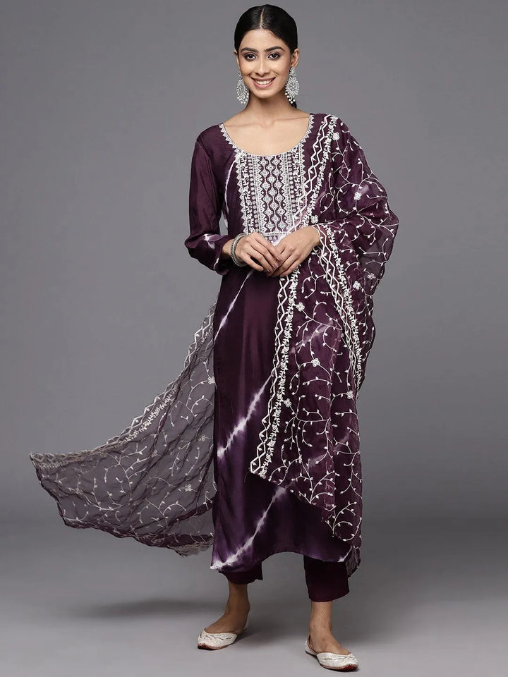 Wine Silk Blend Straight Kurta With Trousers & Dupatta - Libas