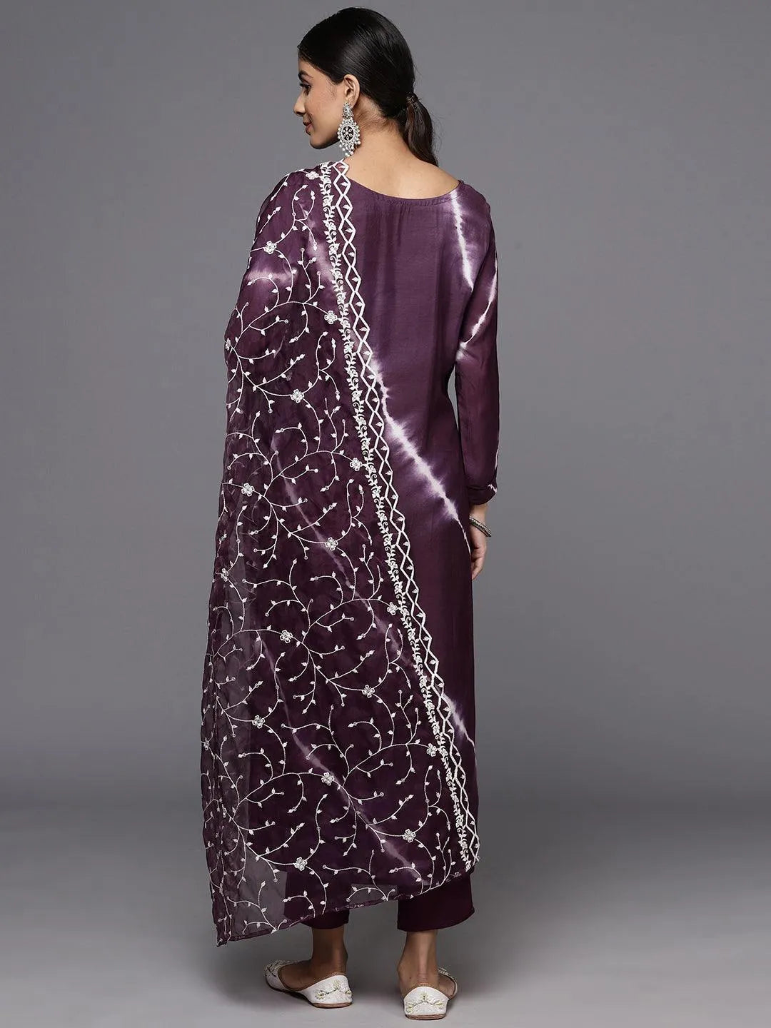 Wine Silk Blend Straight Kurta With Trousers & Dupatta - Libas 