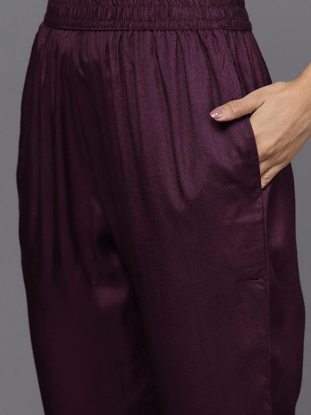 Wine Silk Blend Straight Kurta With Trousers & Dupatta - Libas 
