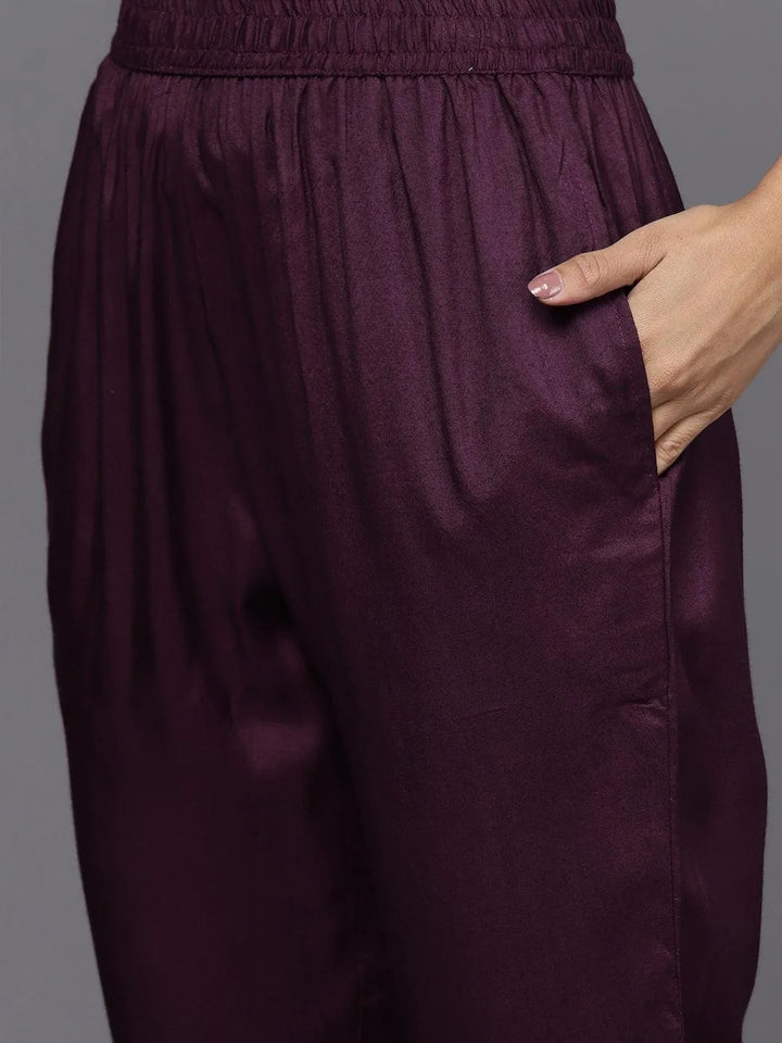 Wine Silk Blend Straight Kurta With Trousers & Dupatta - Libas