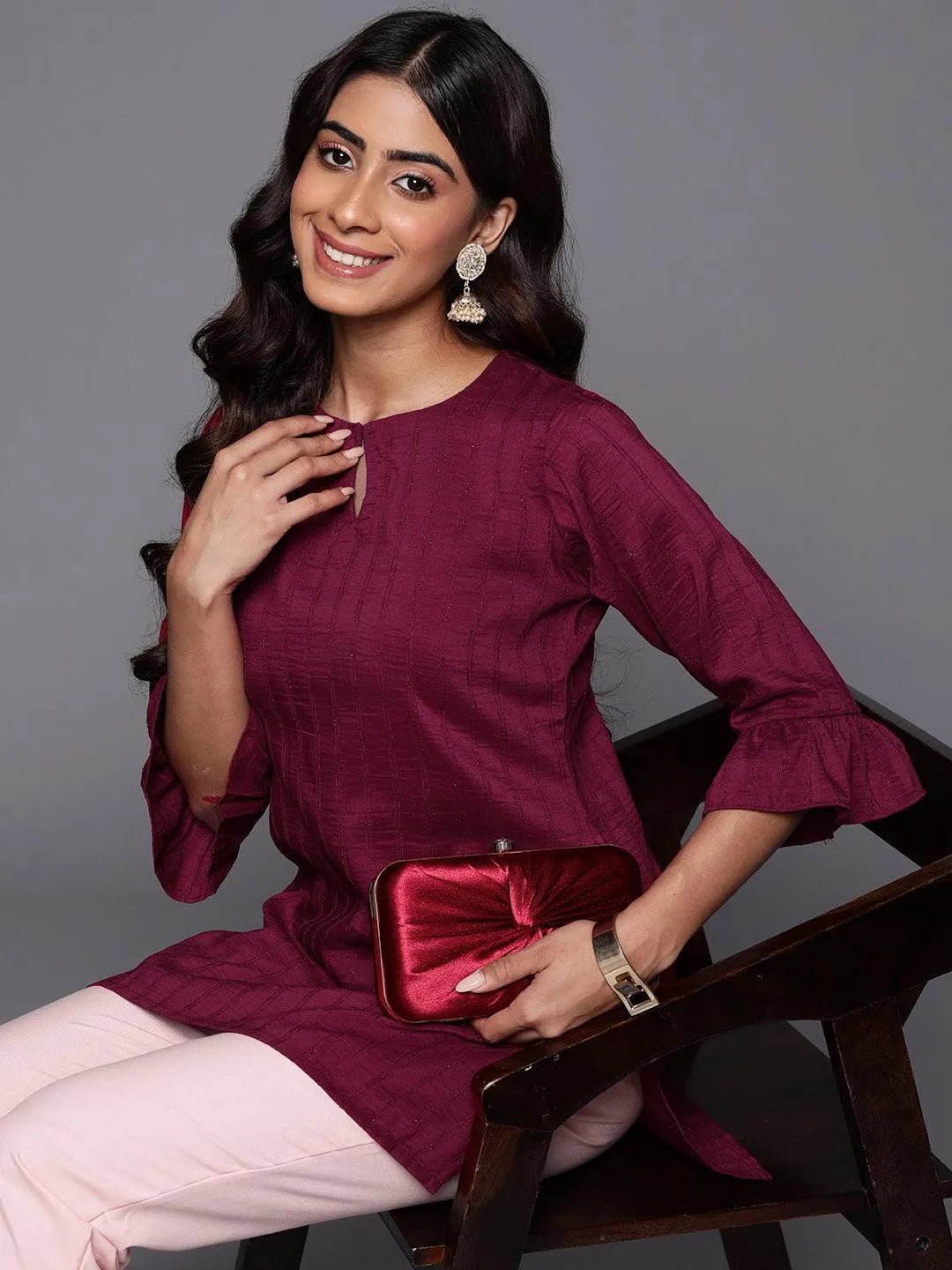 Wine Striped Silk Blend Straight Kurti - Libas 