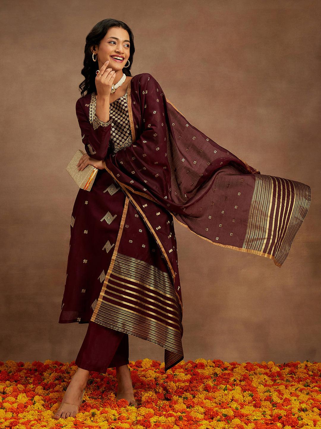 Wine Woven Design Chanderi Silk Straight Suit With Dupatta