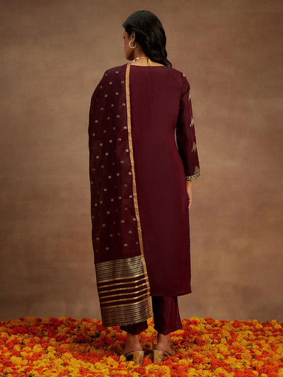 Wine Woven Design Chanderi Silk Straight Kurta With Trousers & Dupatta - Libas