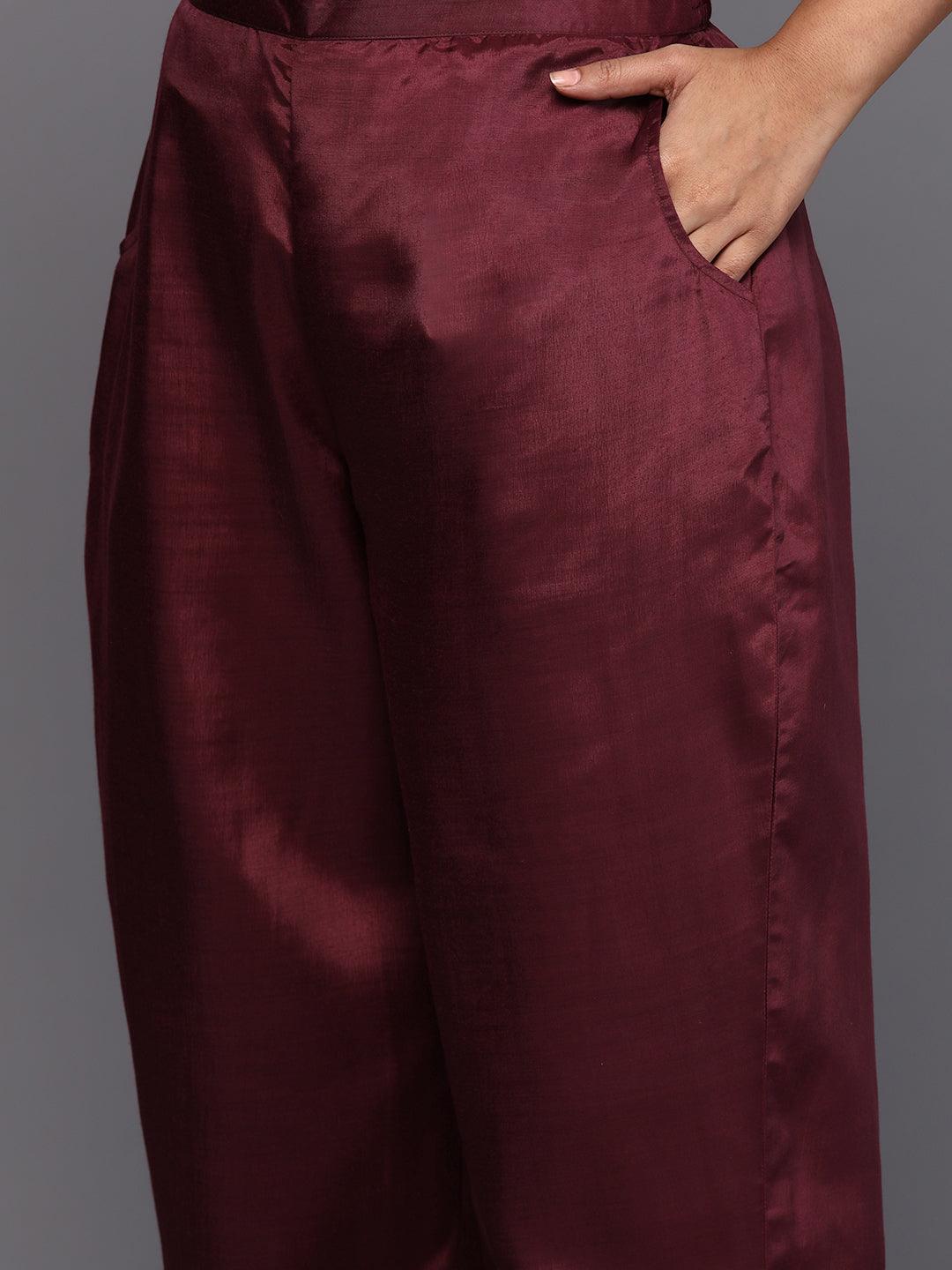 Plus Size Wine Woven Design Chanderi Silk Straight Suit With Dupatta