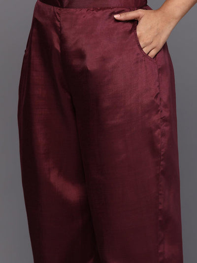 Wine Woven Design Chanderi Silk Straight Kurta With Trousers & Dupatta - Libas