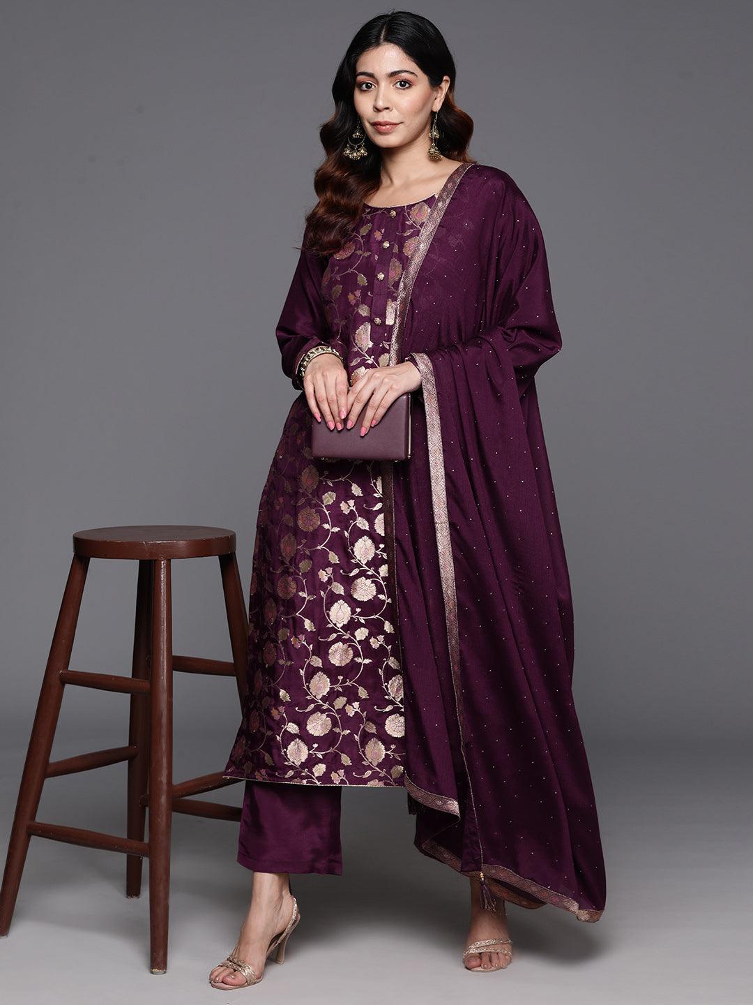 Wine Woven Design Silk Blend Straight Suit With Dupatta