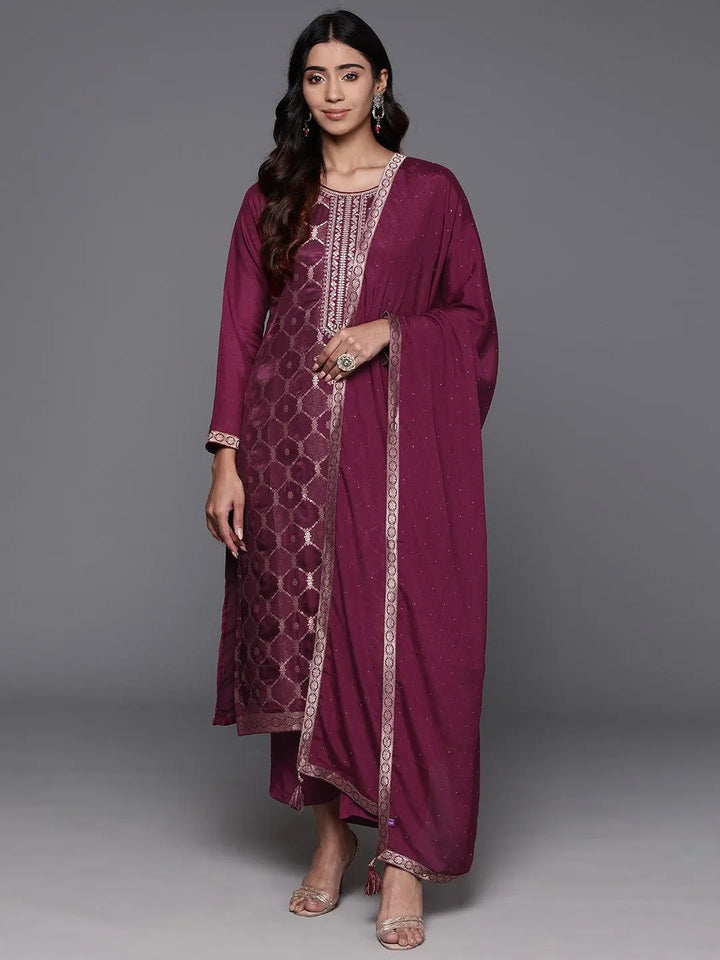 Wine Woven Design Silk Blend Straight Kurta With Trousers & Dupatta - Libas