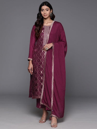 Wine Woven Design Silk Blend Straight Kurta With Trousers & Dupatta - Libas