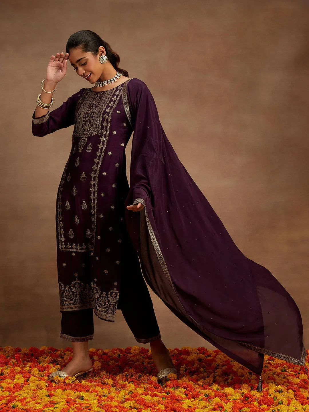 Wine Woven Design Silk Blend Straight Kurta With Trousers & Dupatta - Libas