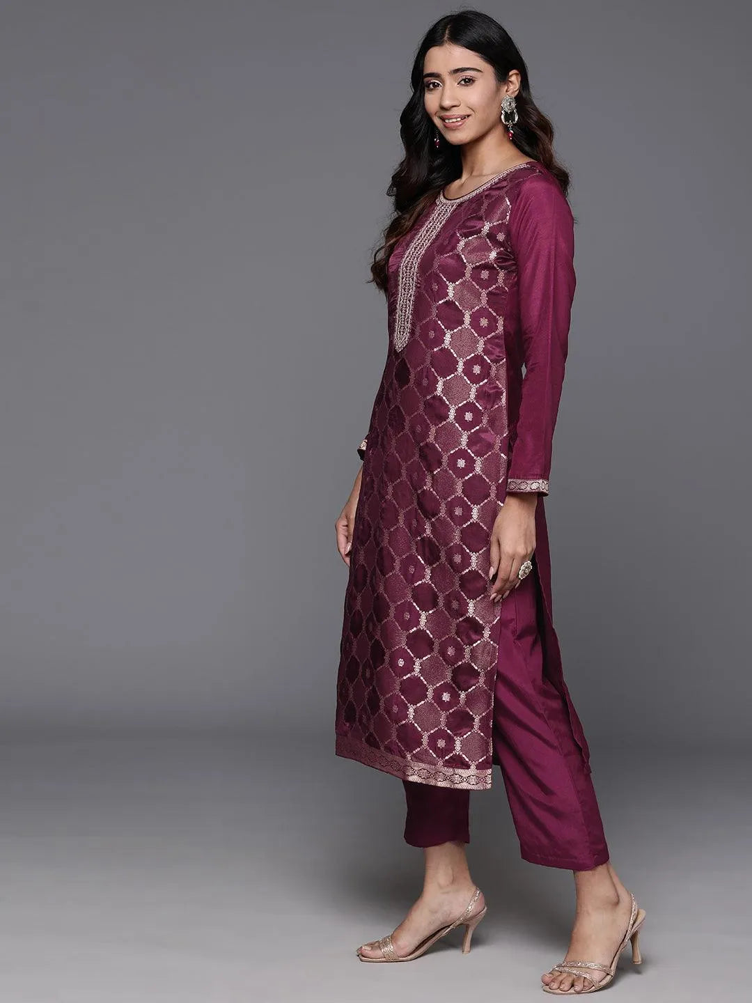 Wine Woven Design Silk Blend Straight Kurta With Trousers & Dupatta - Libas 