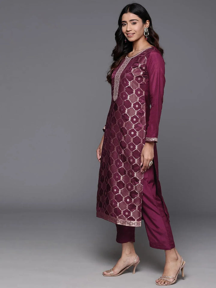 Wine Woven Design Silk Blend Straight Kurta With Trousers & Dupatta - Libas