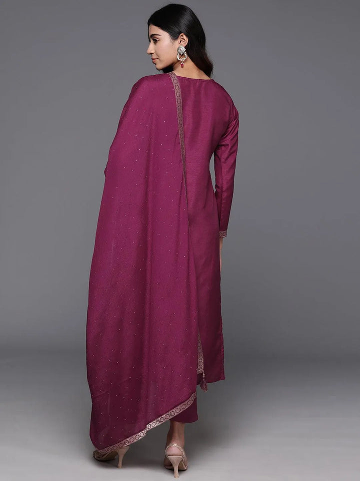 Wine Woven Design Silk Blend Straight Kurta With Trousers & Dupatta - Libas