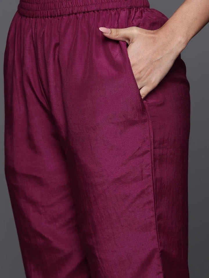 Wine Woven Design Silk Blend Straight Kurta With Trousers & Dupatta - Libas