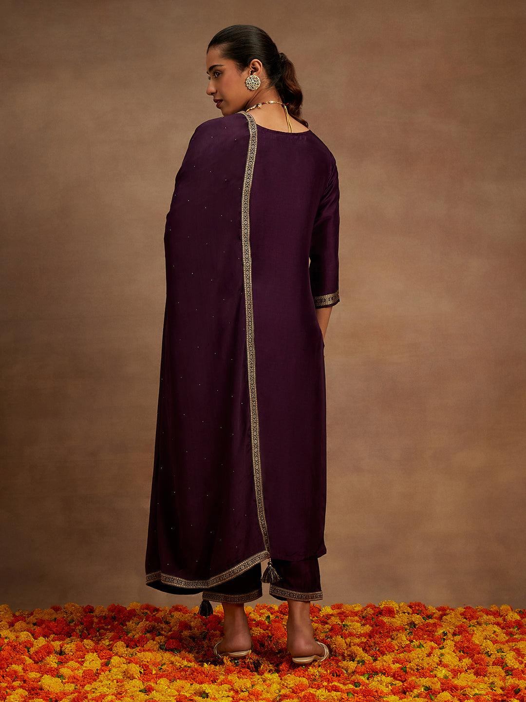 Wine Woven Design Silk Blend Straight Suit With Dupatta