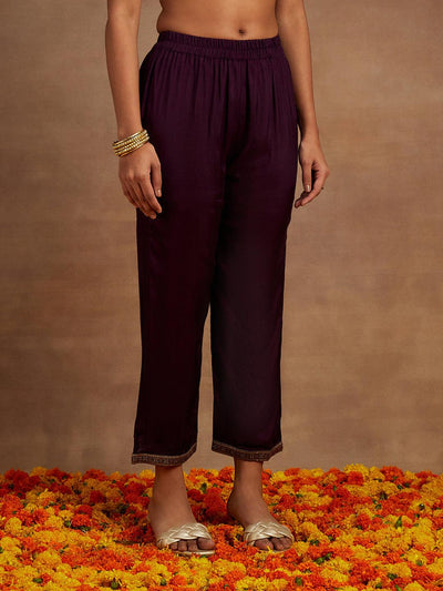 Wine Woven Design Silk Blend Straight Kurta With Trousers & Dupatta - Libas