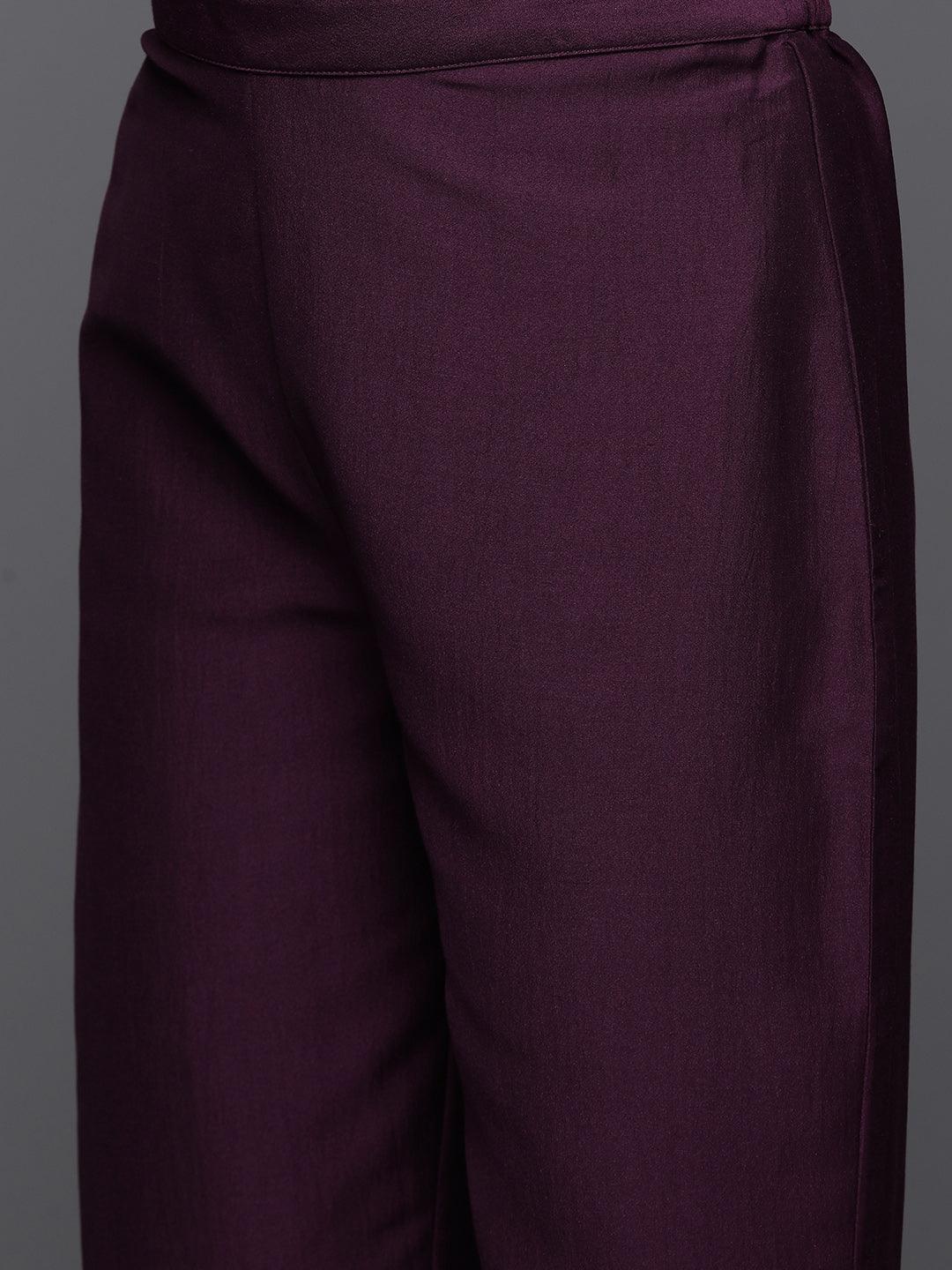 Wine Yoke Design Silk Blend A-Line Kurta With Trousers & Dupatta - Libas