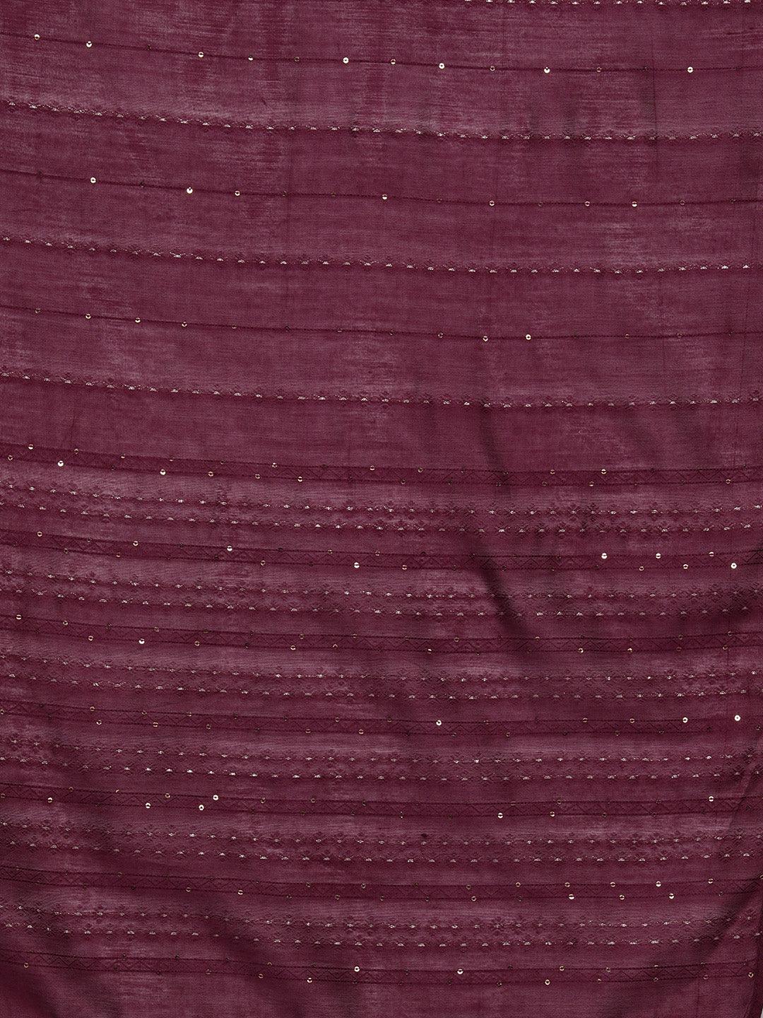 Wine Yoke Design Silk Blend Straight Kurta With Trousers & Dupatta - Libas