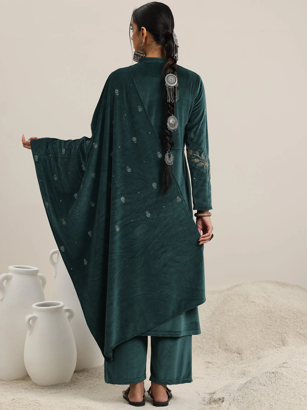  Green Embroidered Velvet A-Line Kurta With Trousers & Dupatta 