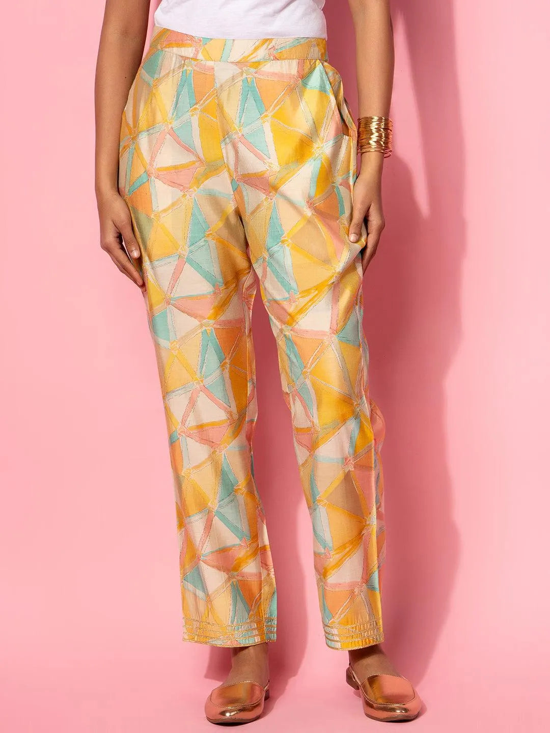 Yellow Printed Silk Blend Co-Ords - Libas 
