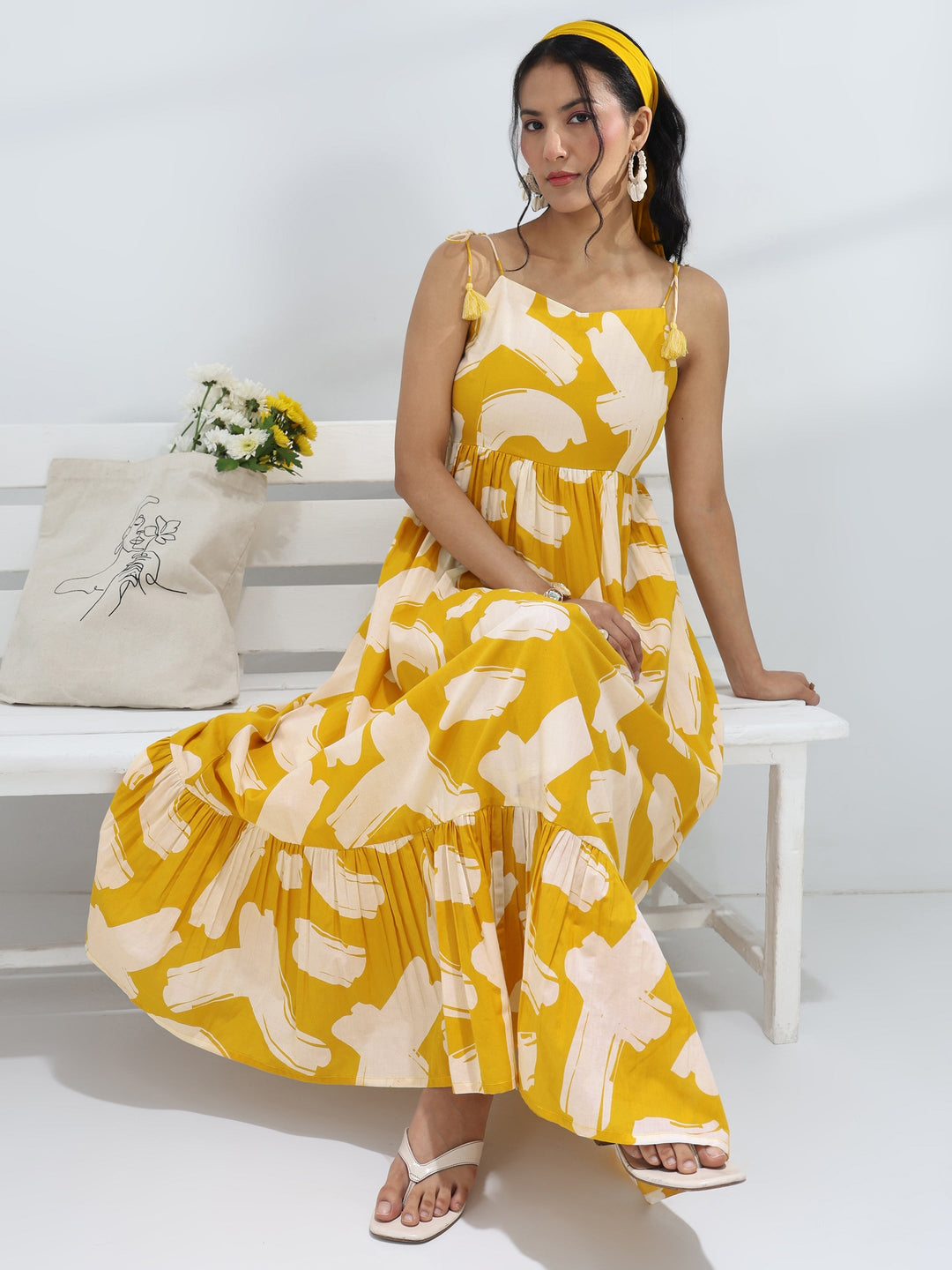  Yellow Abstract Printed Cotton A-Line One-Piece Dress 