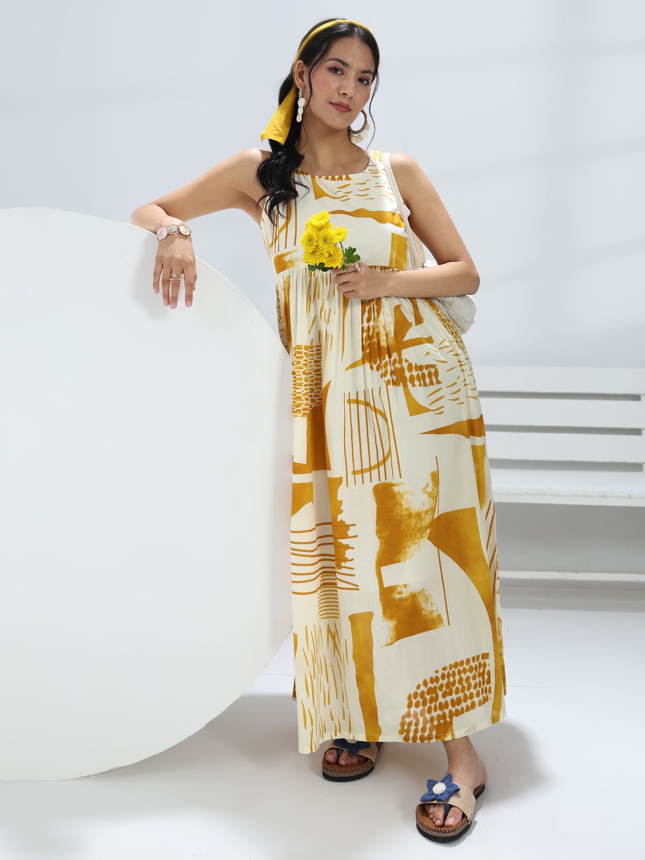 libas Yellow Abstract Printed Cotton A-Line One-Piece Dress-picture-55
