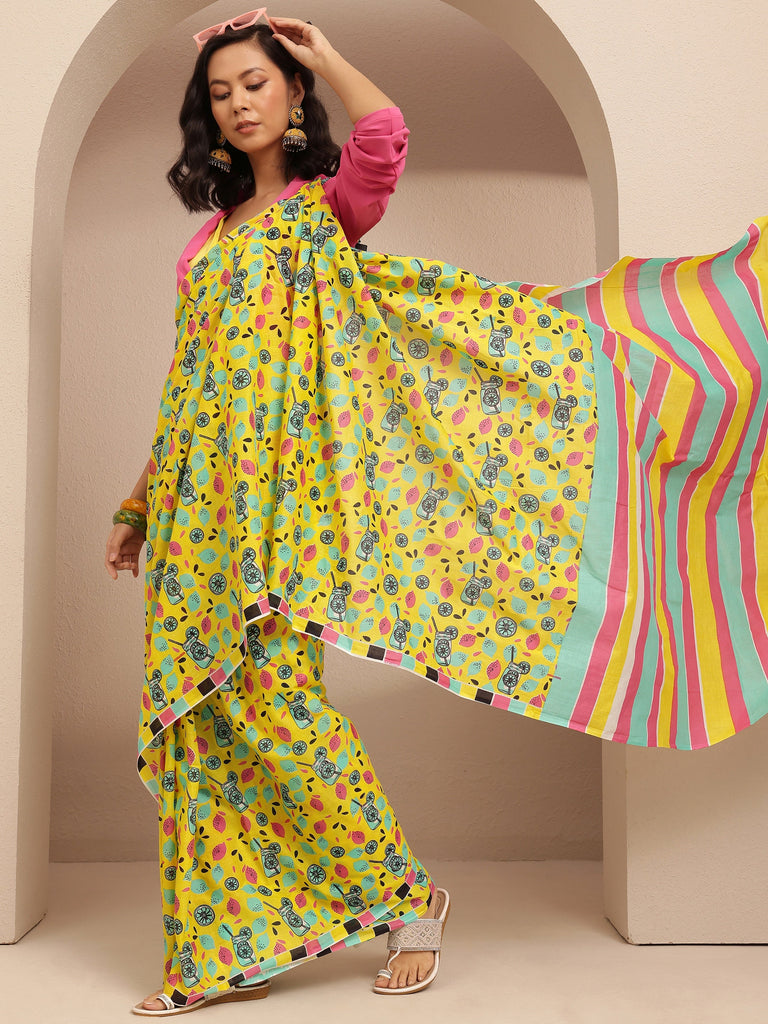 Libas Yellow Abstract Printed Cotton Saree With Unstitched Blouse Piece