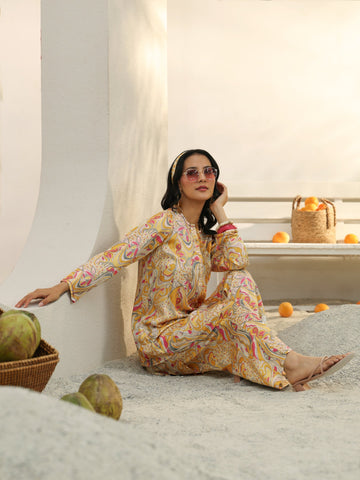 Libas Yellow Abstract Printed Silk Blend Co-Ord Set