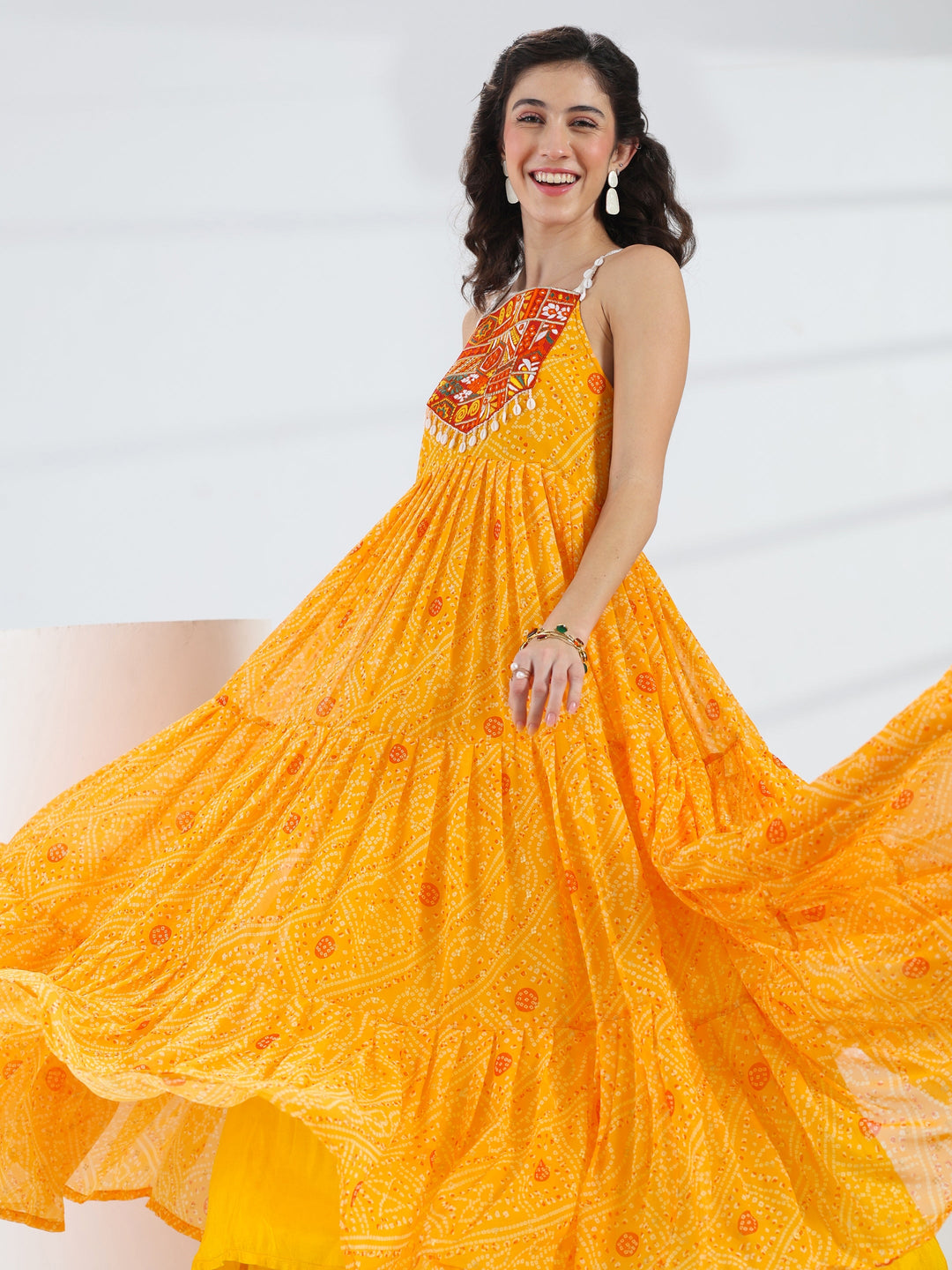  Yellow Bandhani Printed Georgette Fit-And-Flare One-Piece Dress 