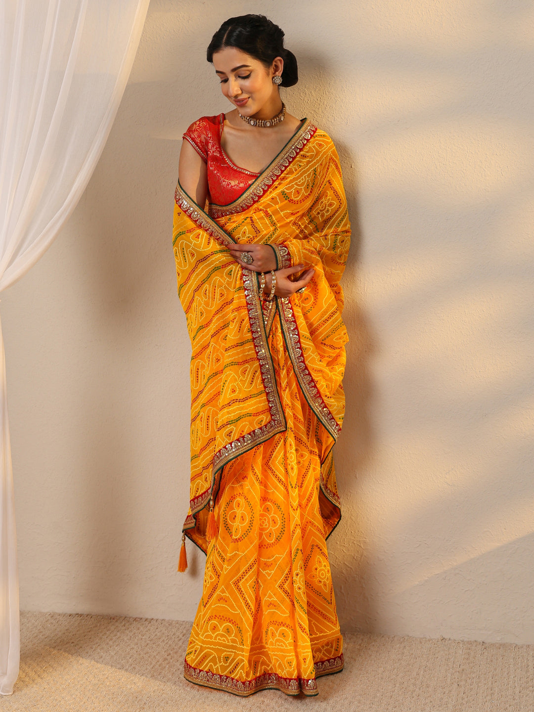  Yellow Bandhani Printed Silk Blend Saree With Unstitched Blouse Piece 