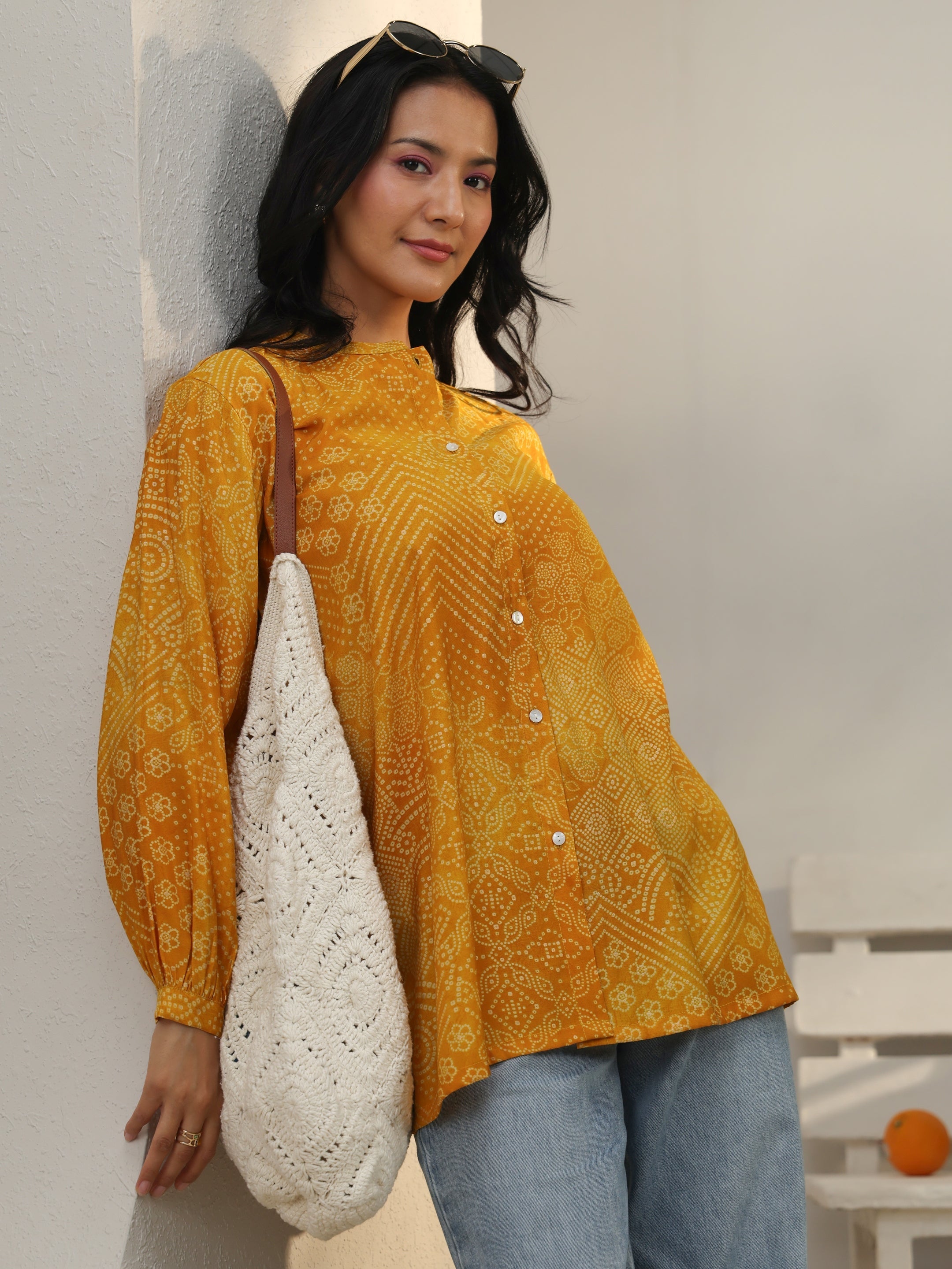 Libas Yellow Bandhani Printed Silk Blend Shirt-picture-43