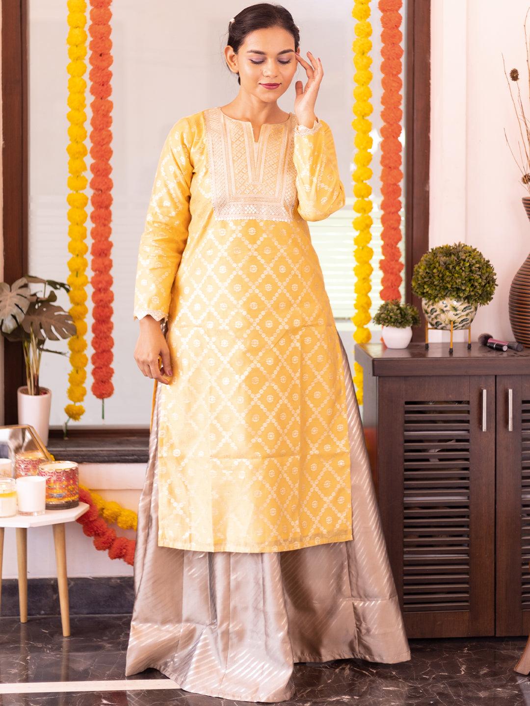 Yellow Chanderi Woven Design Straight Kurta