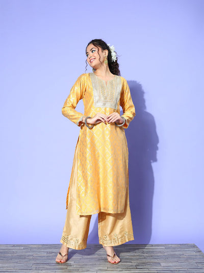 Yellow Chanderi Woven Design Straight Kurta - Libas