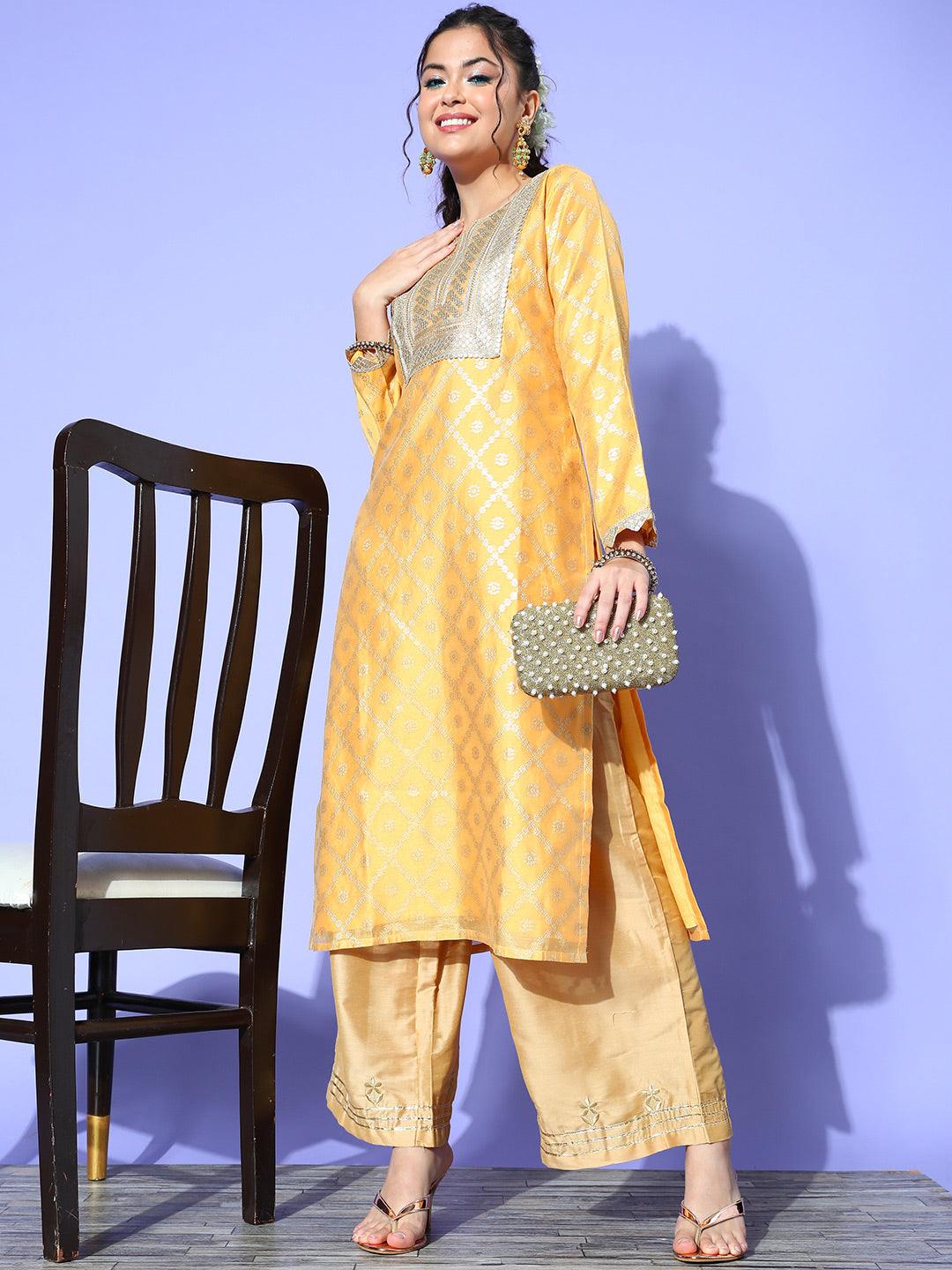 Yellow Chanderi Woven Design Straight Kurta
