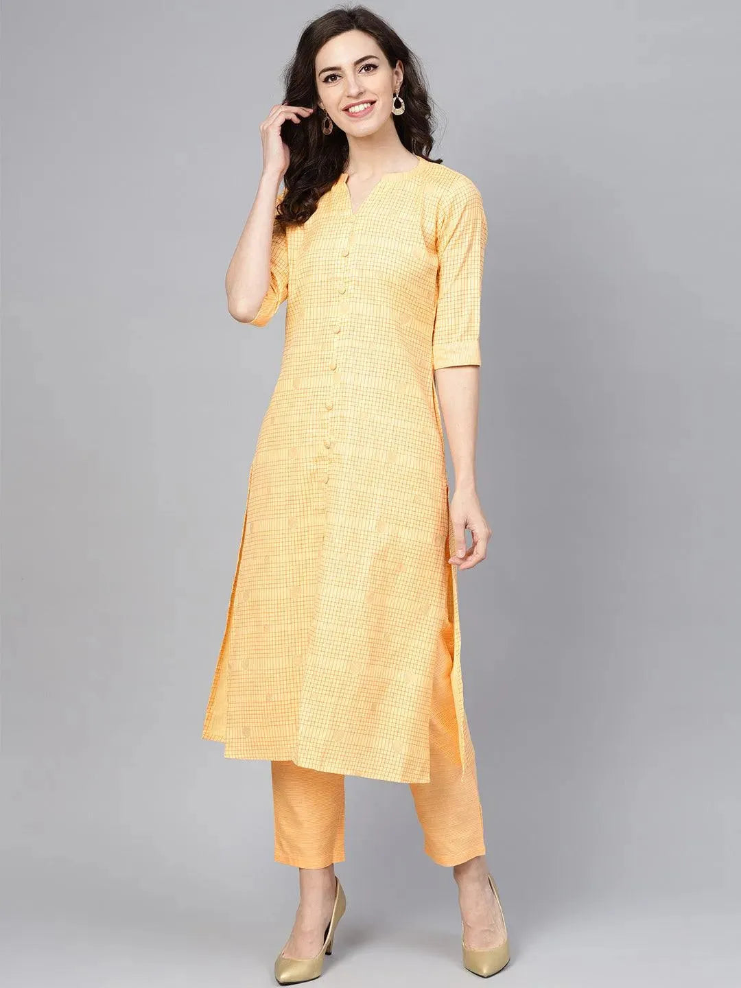 Yellow Checkered Cotton Kurta Set - Libas