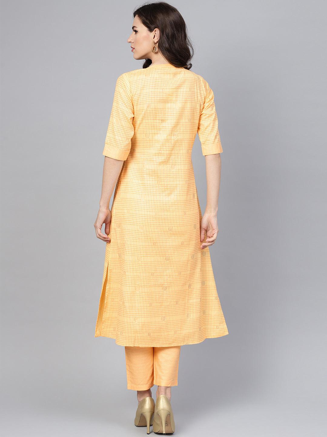 Yellow Checkered Cotton A-Line Kurta With Trousers