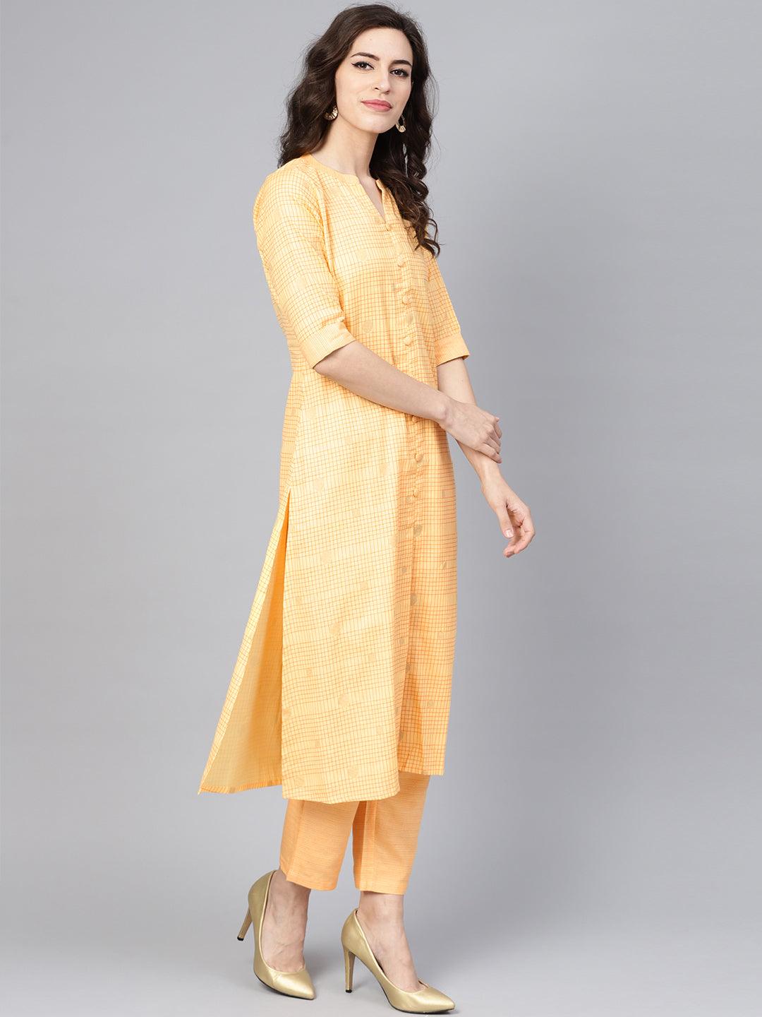 Yellow Checkered Cotton A-Line Kurta With Trousers