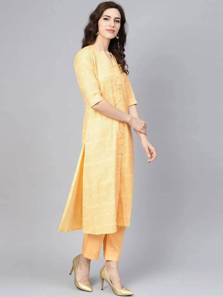 Yellow Checkered Cotton Kurta Set - Libas