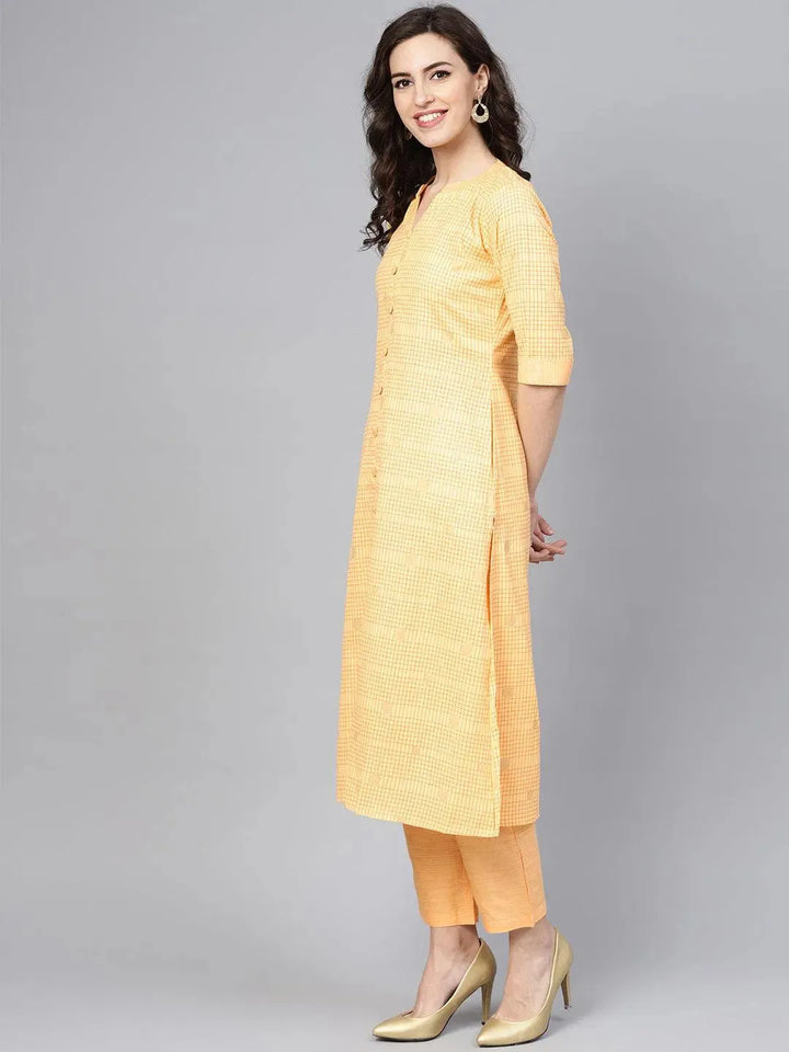 Yellow Checkered Cotton Kurta Set - Libas