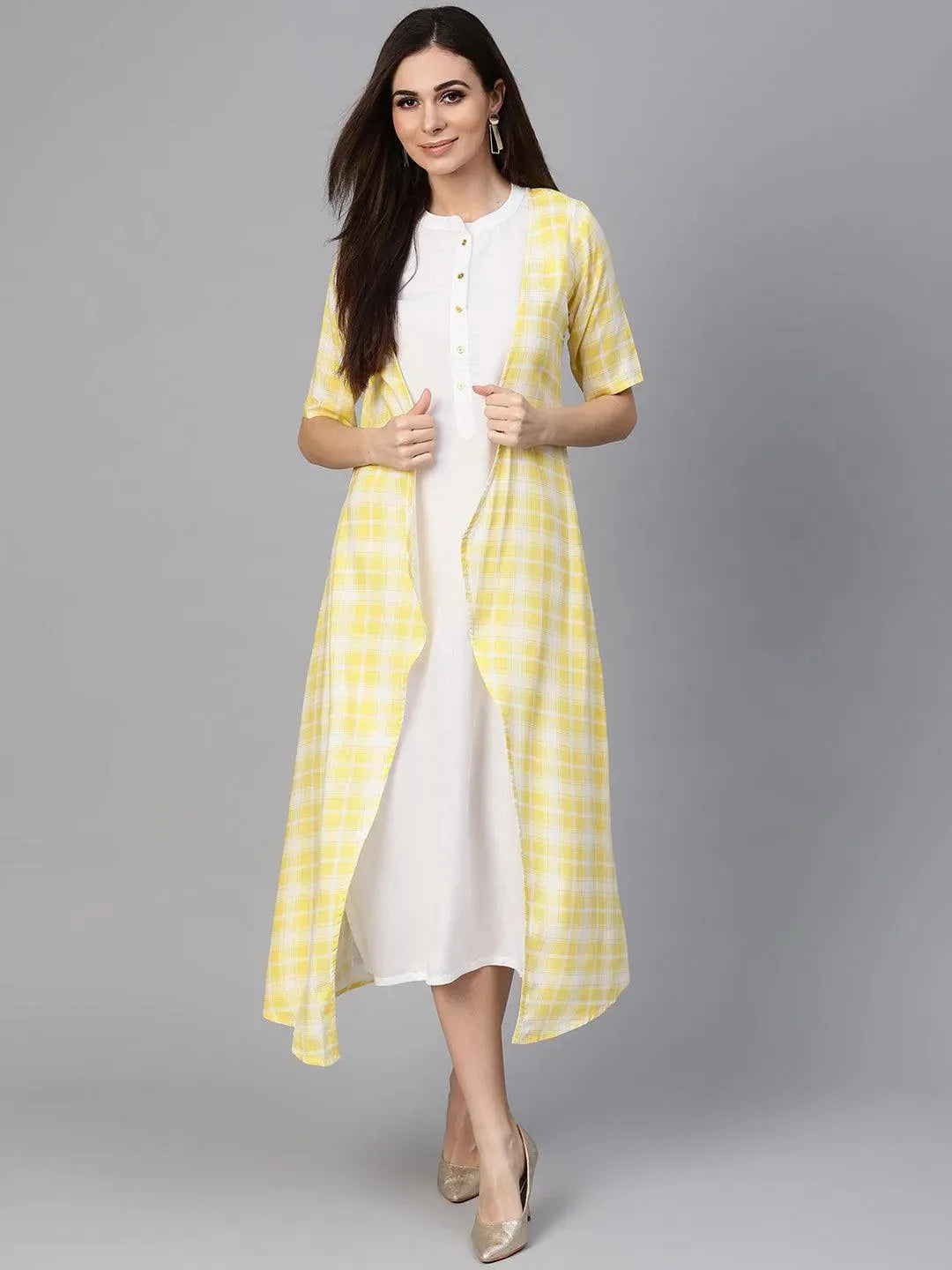 Yellow Checkered Rayon Dress With Jacket - Libas