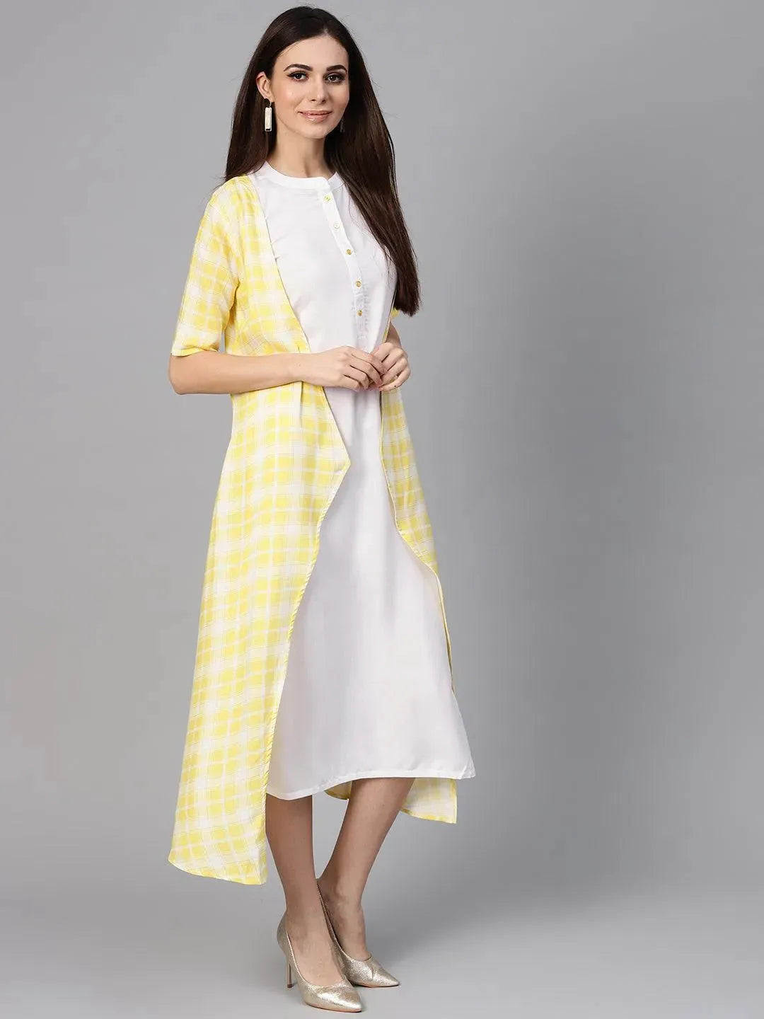 Yellow Checkered Rayon Dress With Jacket - Libas 