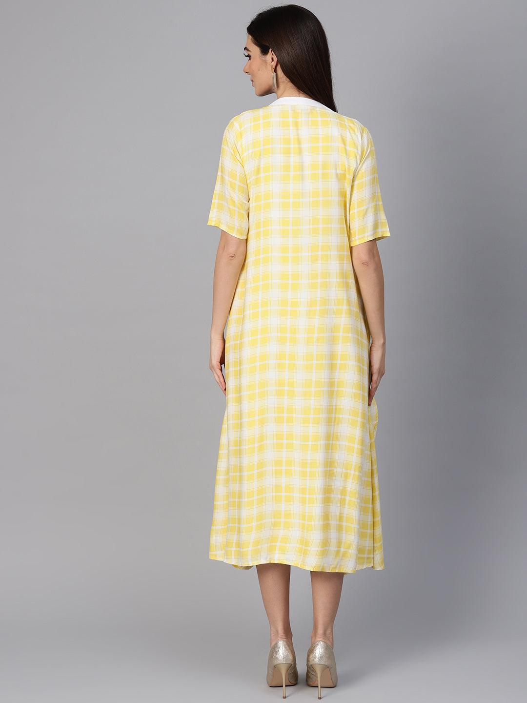 Yellow Checkered Rayon Dress With Jacket - Libas