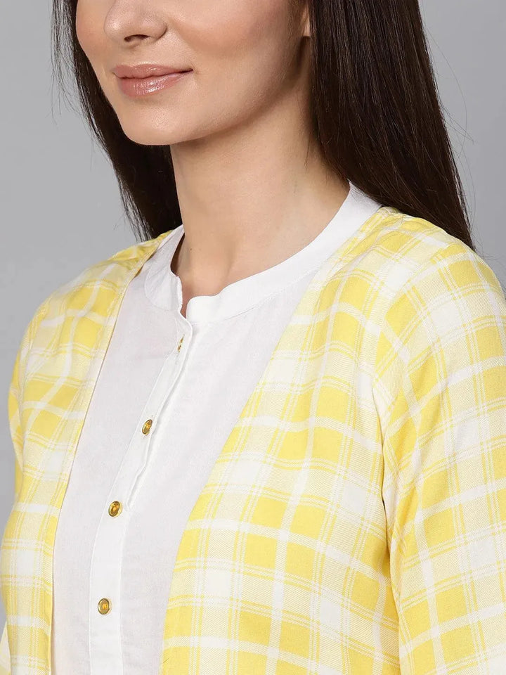 Yellow Checkered Rayon Dress With Jacket - Libas