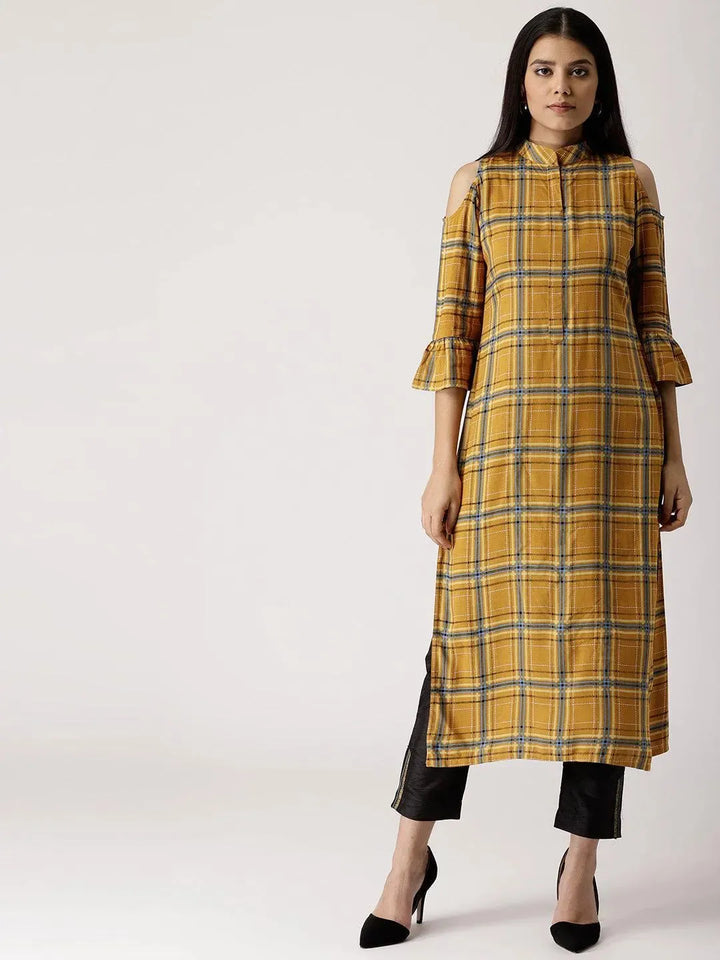 Yellow Checkered Rayon Kurta - Libas