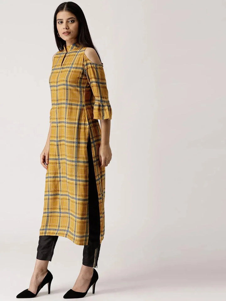 Yellow Checkered Rayon Kurta - Libas