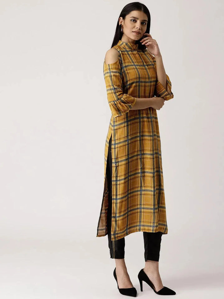 Yellow Checkered Rayon Kurta - Libas