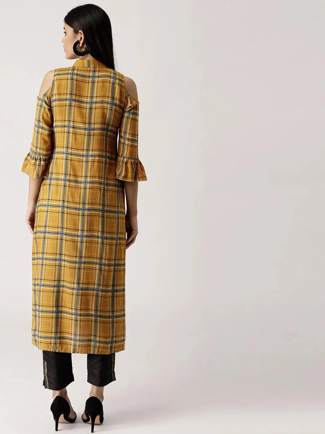 Yellow Checkered Rayon Kurta - Libas 